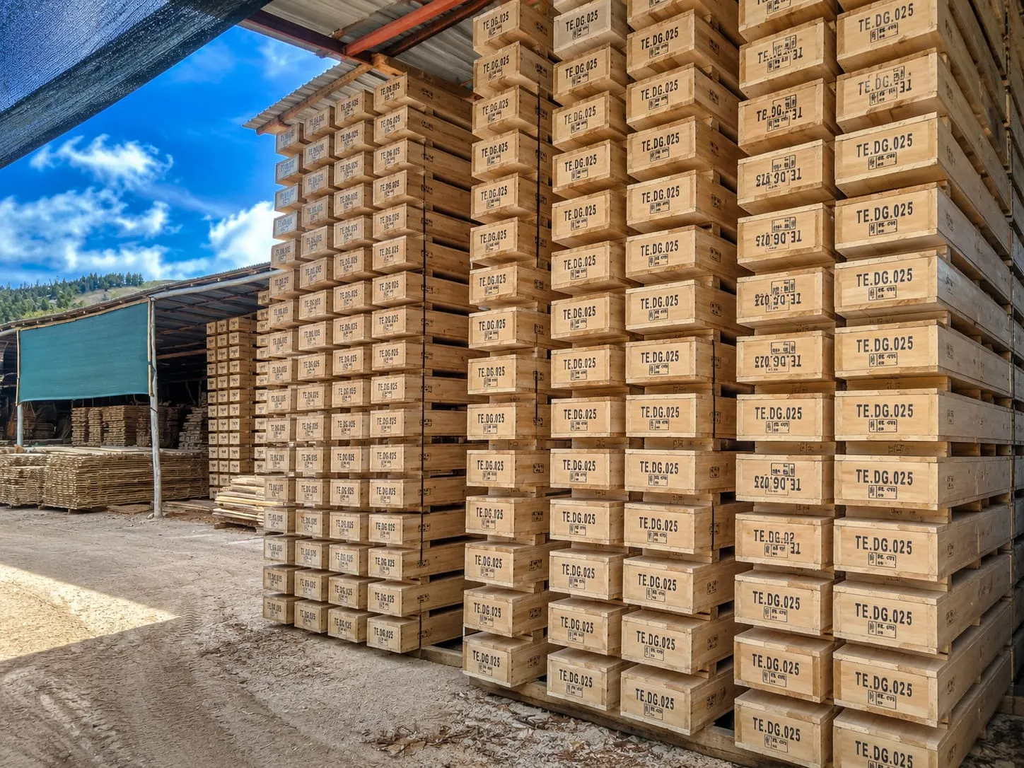 Embalajes de madera apilados y listos para despacho