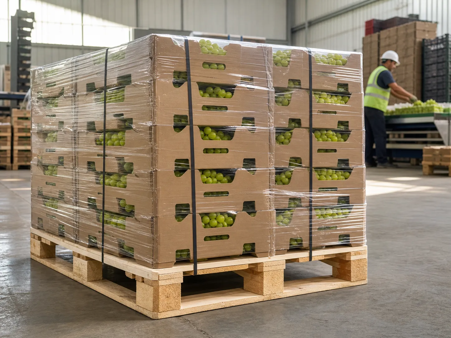 Pallet de madera con cajas de uva listas para agroexportación