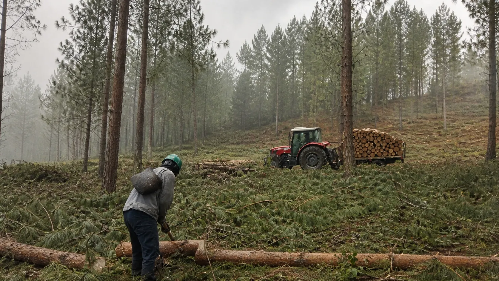 Operación forestal con madera y maquinaria